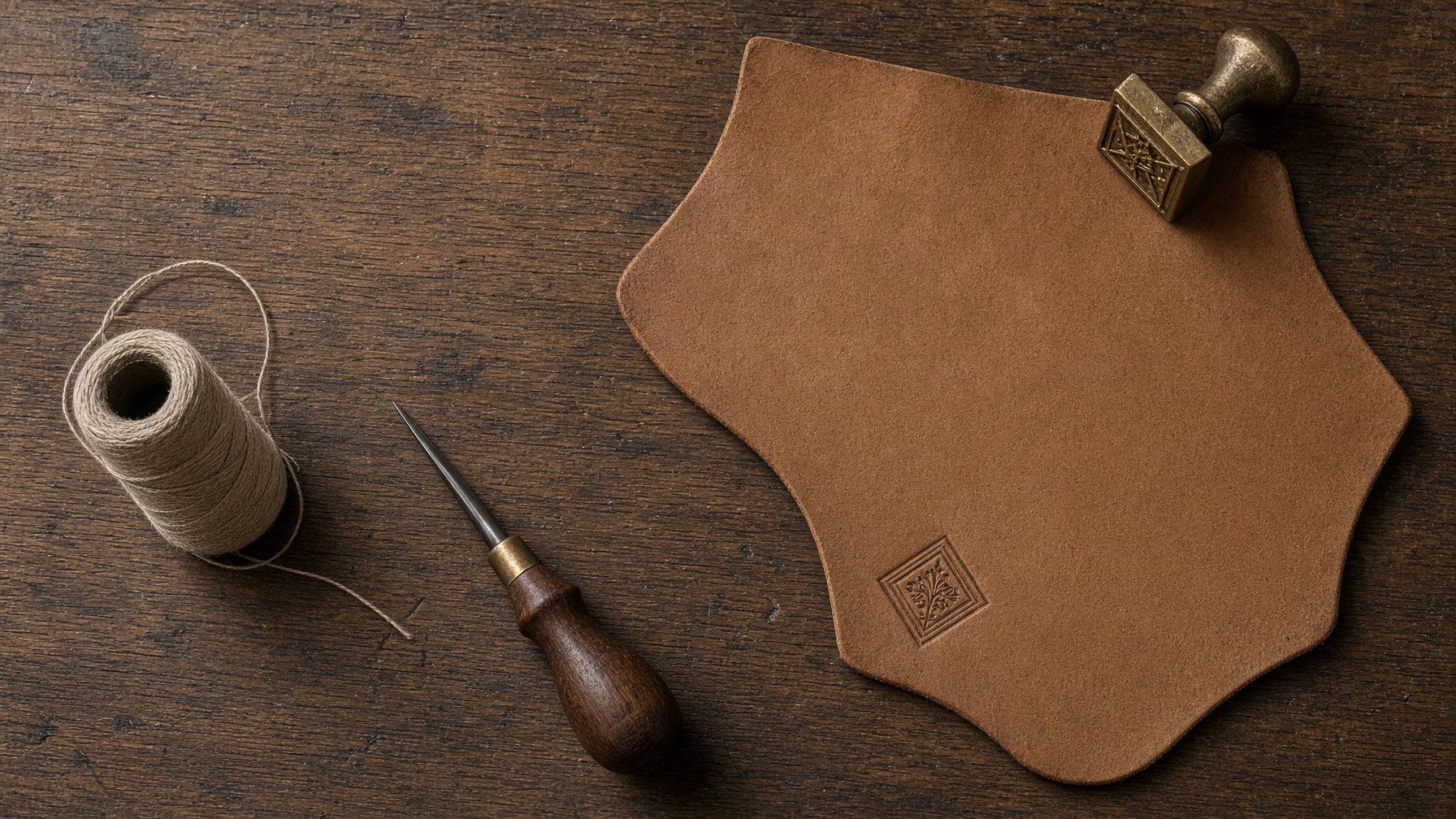 Bench with hide, thread, and an awl